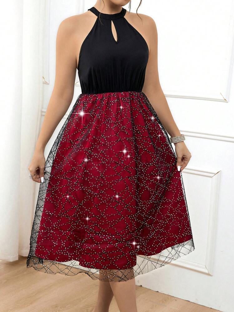 Plus Size Women's Glittering Sleeveless Halterneck Dress With Sheer Red Ground