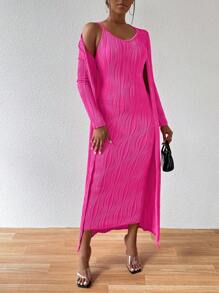 VaVaBold Ladies' Crossback Backless Cami Dress With Long Sleeve Outerwear Two Pieces Set - Hot Pink - View 4