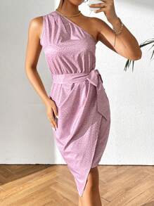 SHEIN Clasi Ladies' Spotted Jacquard One Shoulder Dress - Pink - View 5