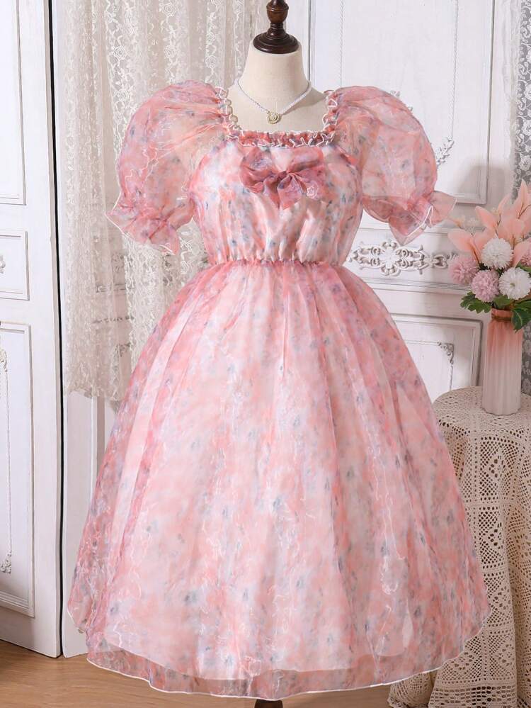 Teen Girls' Elegant Mesh & Flower Print Puff Sleeve Dress