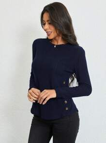 SHEIN LUNE Button Detail Ribbed Knit Tee Fall Cloth For Women