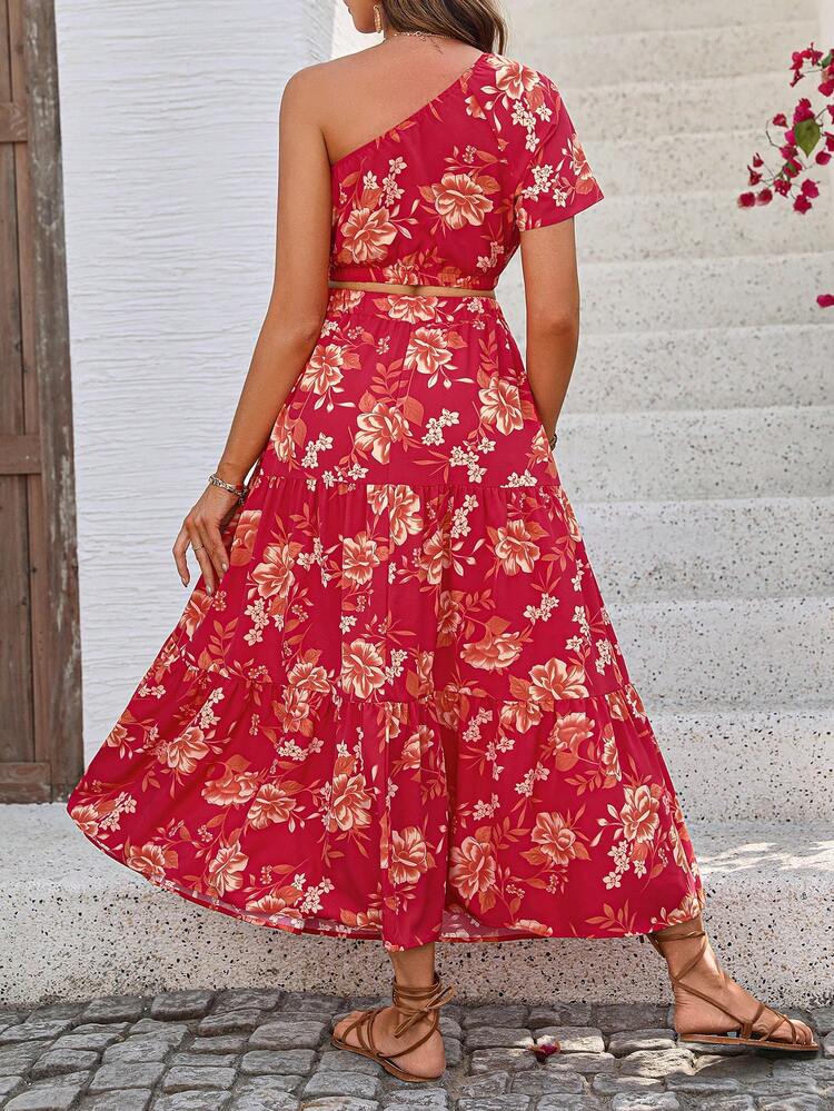 One Shoulder Short Sleeve Floral Print Cropped Top And Skirt Two Piece Set