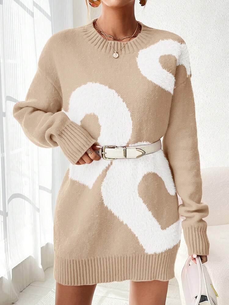 Women's Heart Pattern Round Neck Sweater, Knit Pullover Fall Winter