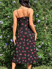 SHEIN Unity Vestido De Tirantes Con Estampado De Cerezas Y Dobladillo Dividido Para Mujeres - Negro - Ver 2