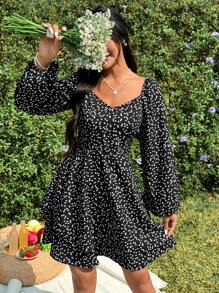 Flirla Women's Full-Printed Heart Patterned Lantern Sleeve Dress - Black - View 6