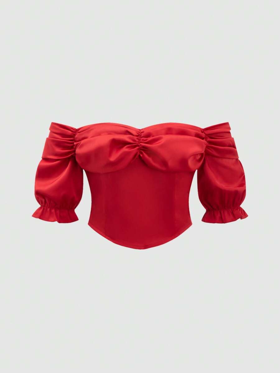 SHEIN Unity Xu hướng: Cắt giảm & Chi tiết xếp nếp Áo sơ mi - Đỏ - Xem 1