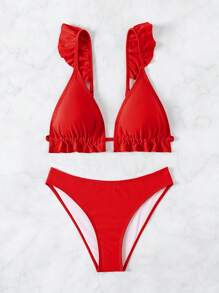 SHEIN Swim 夏季海滩女士纯色比基尼泳装套装带荷叶边装饰新年 - 紅色 - 查看 5