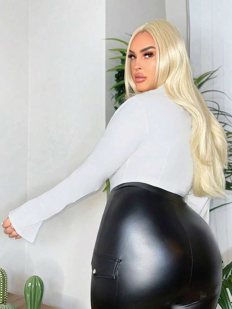 Plus Size Women's Slim Fit Sexy Crisscross Tie Bell Sleeve With Pointed Hem Blouse Lace-Up Solid Color Stretch Woven Fabric Spring Summer Women Clothes Suitable For Most Occasions