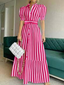 SHEIN LUNE Vertical Striped & Printed Puff Sleeve Women's Shirt Dress - Hot Pink - View 1