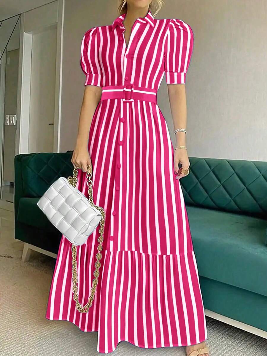 SHEIN LUNE Vertical Striped & Printed Puff Sleeve Women's Shirt Dress - Hot Pink - View 1