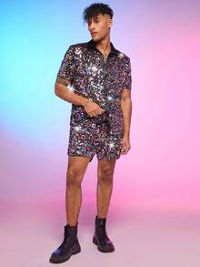 FeverCity Men's Knitted Casual Shirt And Shorts Set - Multicolor - View 3