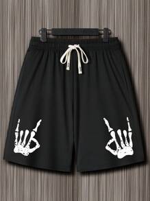 Manfinity ZONE917 宽松版型男士骷髅手印短裤，腰部抽绳宽松图案哥特风，街头潮流男士短裤，黑色图案短裤，男士图案短裤 - 黑色 - 查看 3