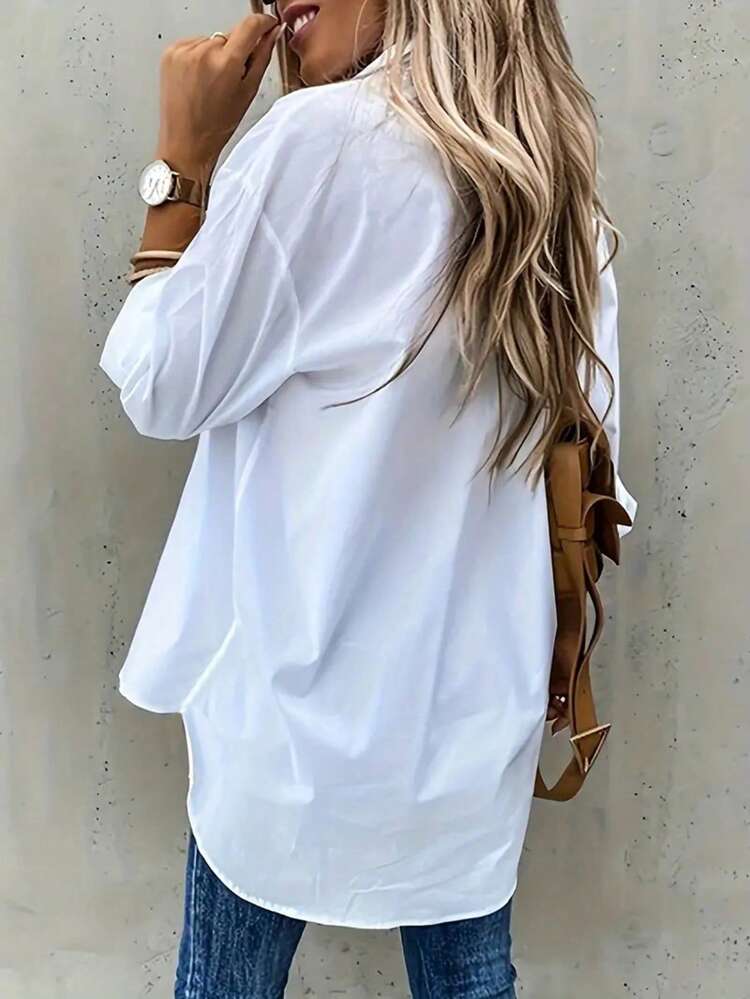 Women's Pocketed Asymmetrical Hem Shirt With Front Short And Back Long Design,Long Sleeve Tops Fall Cloth For Women