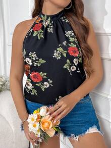 SHEIN LUNE Women's Floral Printed Halter Neck Elegant Blouse - White - View 5