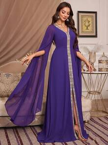 女式超长 V 领雪纺连衣裙，超长袖，朴素卡夫坦阿拉伯连衣裙 - 紫色 - 查看 5