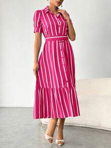 SHEIN LUNE Vertical Striped & Printed Puff Sleeve Women's Shirt Dress - Hot Pink - View 5