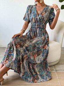 Chiquease Women's Short Sleeve Dress With Paisley Patterned Waist Shirred - Multicolor - View 1