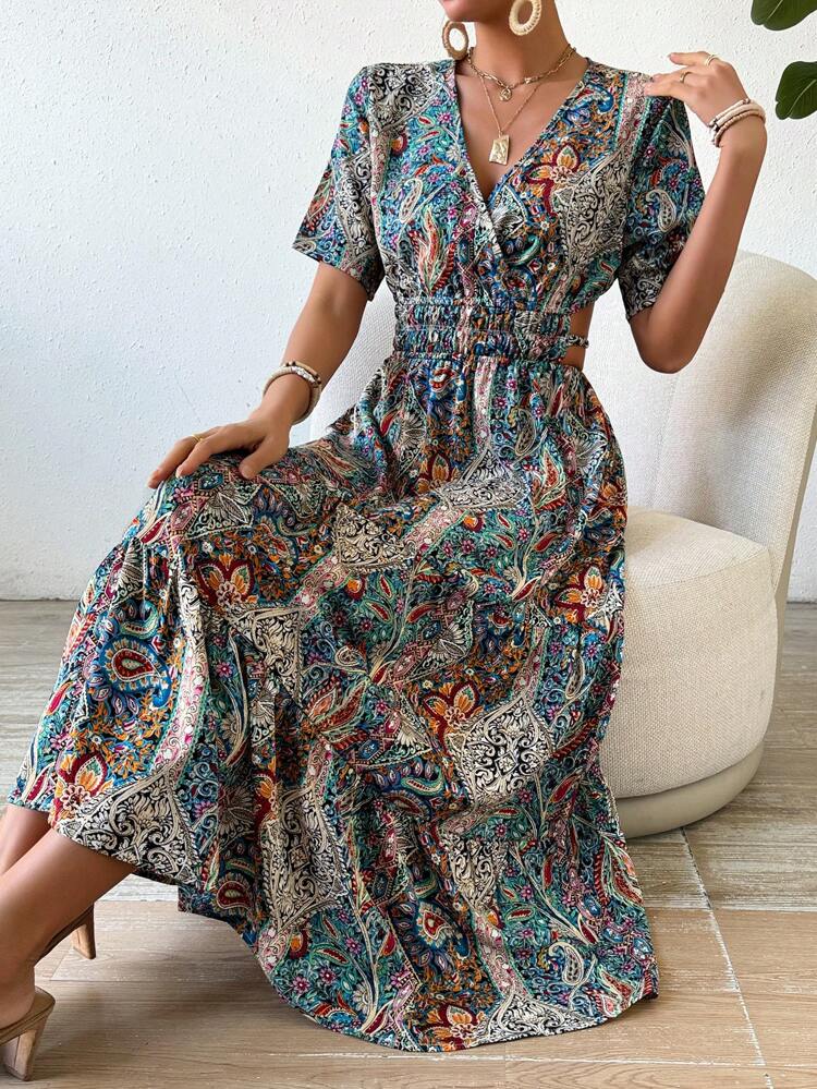 Women's Short Sleeve Dress With Paisley Patterned Waist Shirred