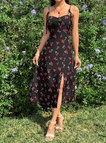 SHEIN Unity Vestido De Tirantes Con Estampado De Cerezas Y Dobladillo Dividido Para Mujeres - Negro - Ver 6