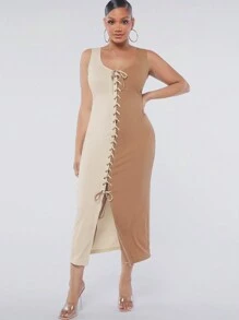 Hauture Plus Farbblock Spitze Aufgeteilt Kleid Mit Schnürung