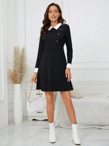 SHEIN Clasi Vestido de cuello en contraste con diseño de botón - Blanco y Negro - Ver 5