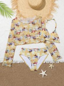 Teen Girl 3pcs/Set Random Printed Bikini Set + Ruffled Cover Up Top Summer Beach - Multicolor - View 1