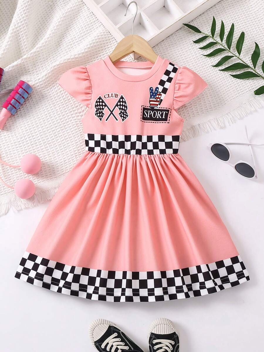SHEIN Young Girl's Cool Racing Cheerleader Dress With American Checkered Pattern - Multicolor - View 1