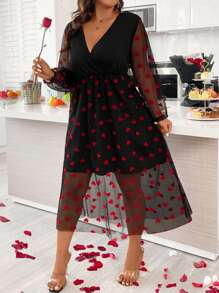 SHEIN Clasi Plus Size V-Neck Mesh Splice Dress - Black - View 6