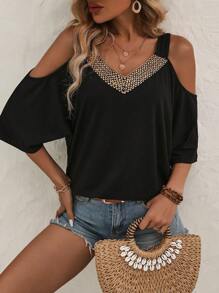 SHEIN LUNE 女士露肩t恤,有交織帶設計 - 黑色 - 查看 7