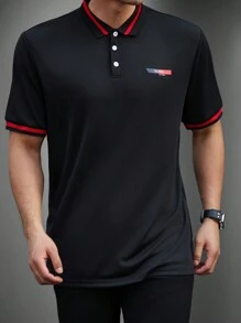 Manfinity Homme Camisa De Polo De Mangas Cortas Decorada Con Rayas Para Hombres - Negro - Ver 5