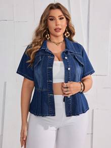SHEIN LUNE Kích thước lớn Ngắn tay Áo khoác denim Với Ruffled Hem , Đá rửa - Rửa tối - Xem 3