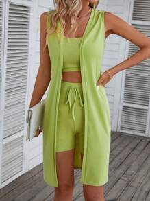 VaVaBold Của phụ nữ Màu thuần Dài Áo vest Áo Và Áo ba lỗ Bộ quần short - màu xanh lá - Xem 7