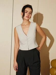 Gilet De Costume À Col En V Sans Manches Pour Femme À Boutonnage Simple - Kaki - Voir 4