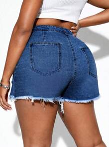 Plus Ripped Raw Cut Asymmetrical Hem Denim Skort - Medium Wash - View 2