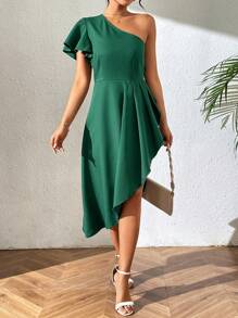 Chiquease Women's Solid Color Asymmetrical Neckline With Pleats And Slits Dress - Dark Green - View 5