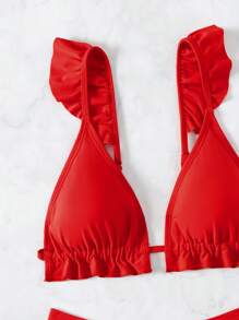 SHEIN Swim 夏季海滩女士纯色比基尼泳装套装带荷叶边装饰新年 - 紅色 - 查看 7