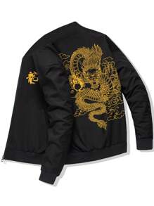 Men Chinese Dragon Graphic Zip Up Bomber Jacket - Black - View 1