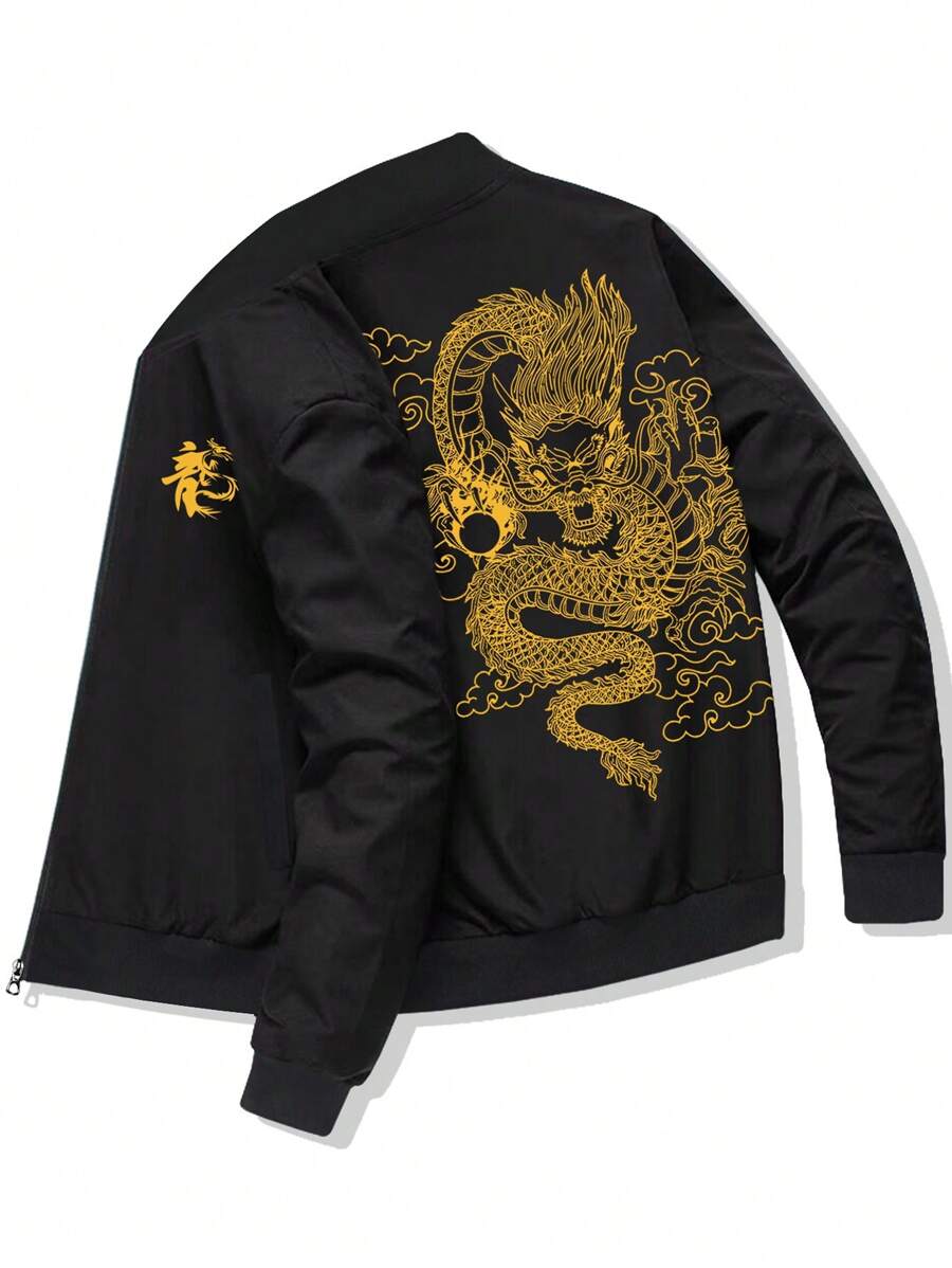Men Chinese Dragon Graphic Zip Up Bomber Jacket - Black - View 1