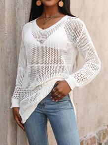 Chiquease Women's Hollow Out Split Hem Sweater Knit Pullover Fall Winter Outfit - White - View 4