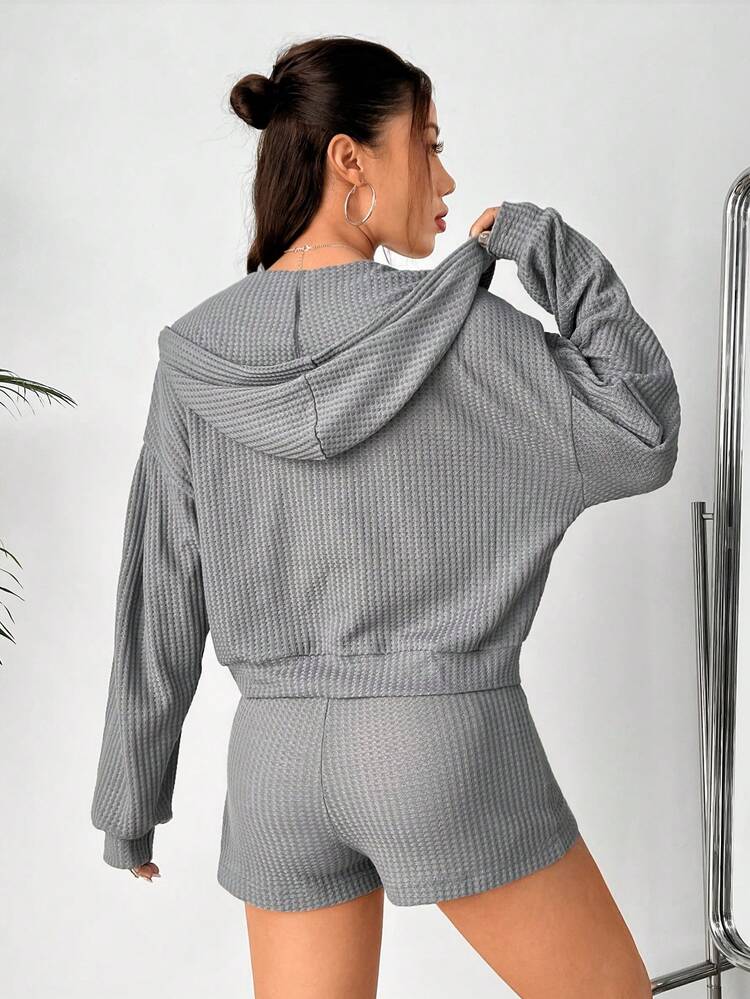 Women's 3-Piece Set Of Textured Tube Top, Casual Shorts And Hooded Cardigan Sweatshirt, College Style Fall Cloth For Women