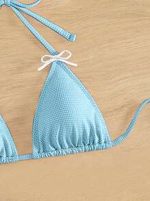 SHEIN Swim Áo bikini tam giác trang trí nơ cho nữ mùa hè - Màu xanh lam - Xem 3