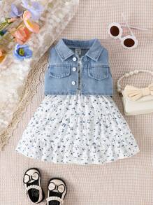 SHEIN Vintaside Kids 嬰兒女孩背心配花卉裙套裝,單排扣閉合 - 薄荷藍 - 查看 2