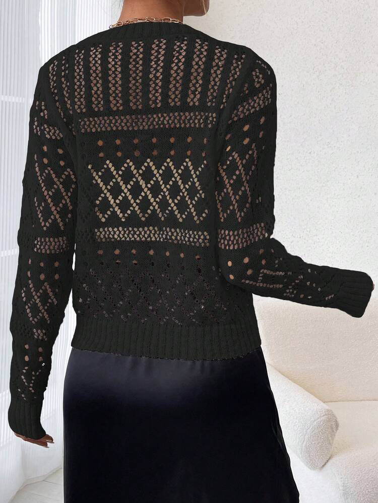 Women's Long Sleeve Knitted Sweater With Holes, Fall Winter