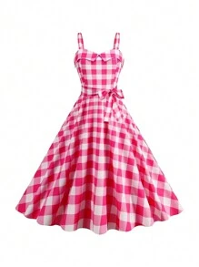 Breezaya 格紋印花腰帶吊帶洋裝 - 粉色 - 查看 8