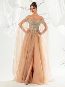 VIPGIRL 1 件露肩亮片装饰长款女士网眼礼服优雅长袖舞会晚会婚礼宾客礼服，适合毕业典礼、晚宴派对礼服 - 香檳色 - 查看 6