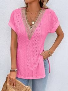 SHEIN LUNE Xu hướng: Cắt giảm Thêu Vá lại Ren Bên Khe Áo thun - Màu Hồng Tươi - Xem 6