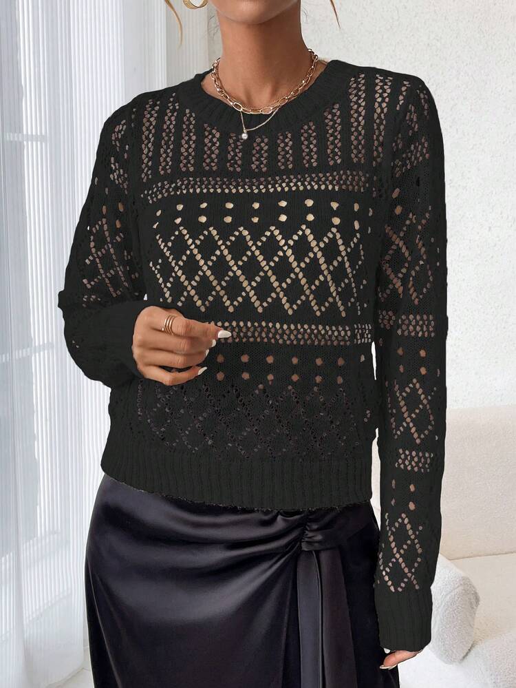Women's Long Sleeve Knitted Sweater With Holes, Fall Winter