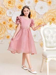 SHEIN Tween Girls' Elegant Mesh Embroidered 3d Flower Sleeves Short Sleeve Midi Dress - Pink - View 5