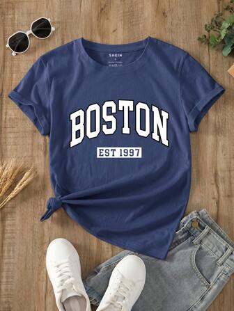 INAWLY Women's Letter Print Short Sleeve T-Shirt Graphic Tees Women Tops