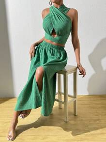 Chiquease Women's Solid Color Hollow Out Top & Side Split Skirt Set - Green - View 3